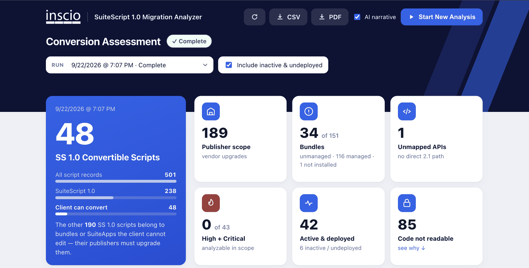 The Inscio SuiteScript 1.0 Migration Analyzer, showing a completed conversion assessment with script counts by API version, publisher scope, bundle coverage and unmapped APIs